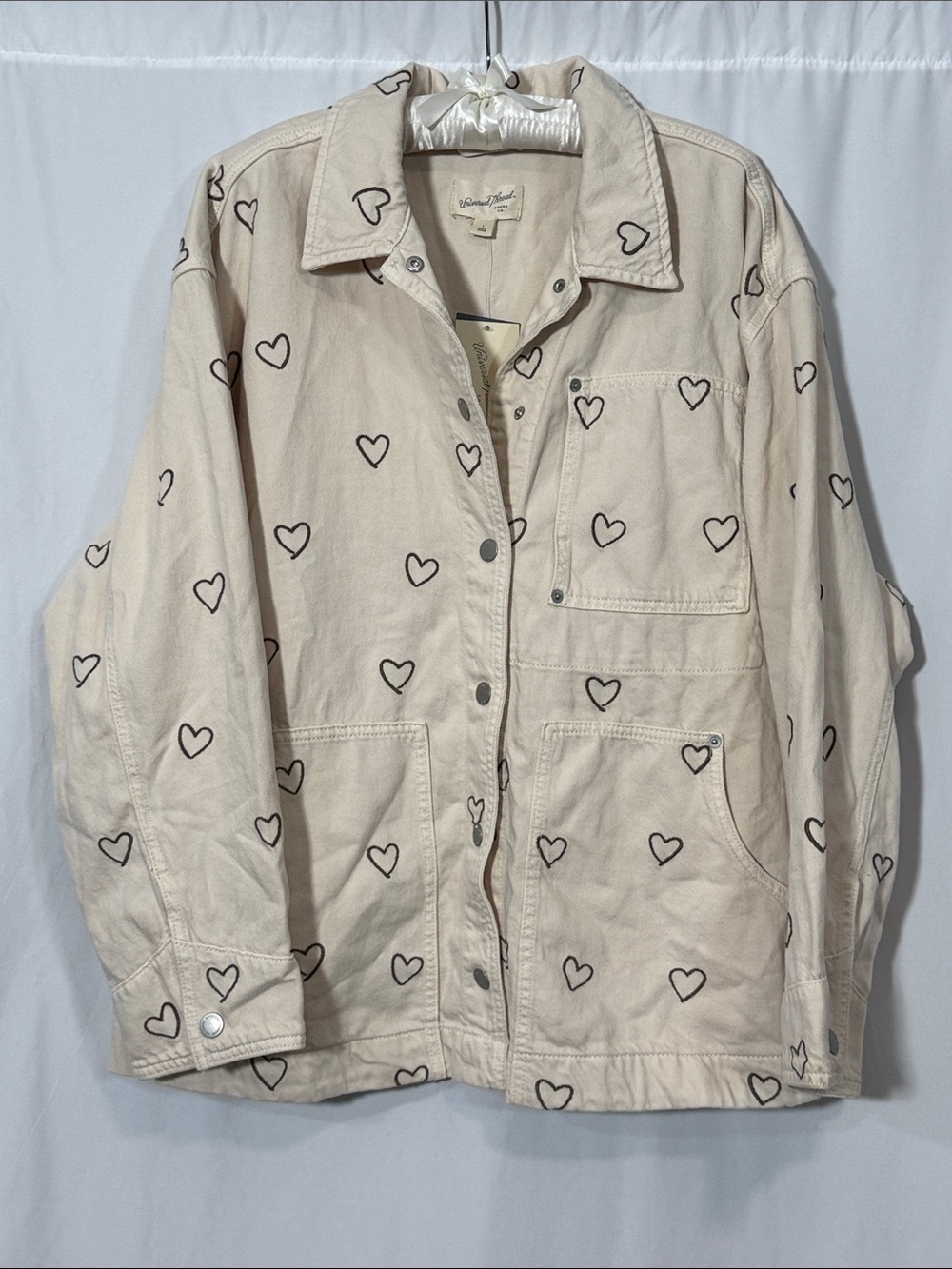 Universal Thread Cream Jean Jacket with Brown Heart Embroidery